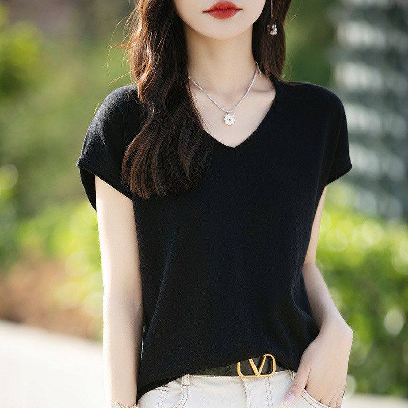 桑蚕丝v领短袖T恤女2024夏季新款高端精纺羊毛卷边针织衫宽松上衣