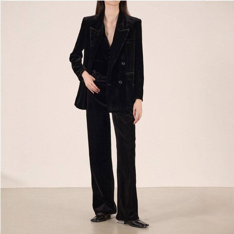 YIMENG轻奢 高级感 黑色丝绒戗驳领女西装 收腰马夹 直筒长裤套装