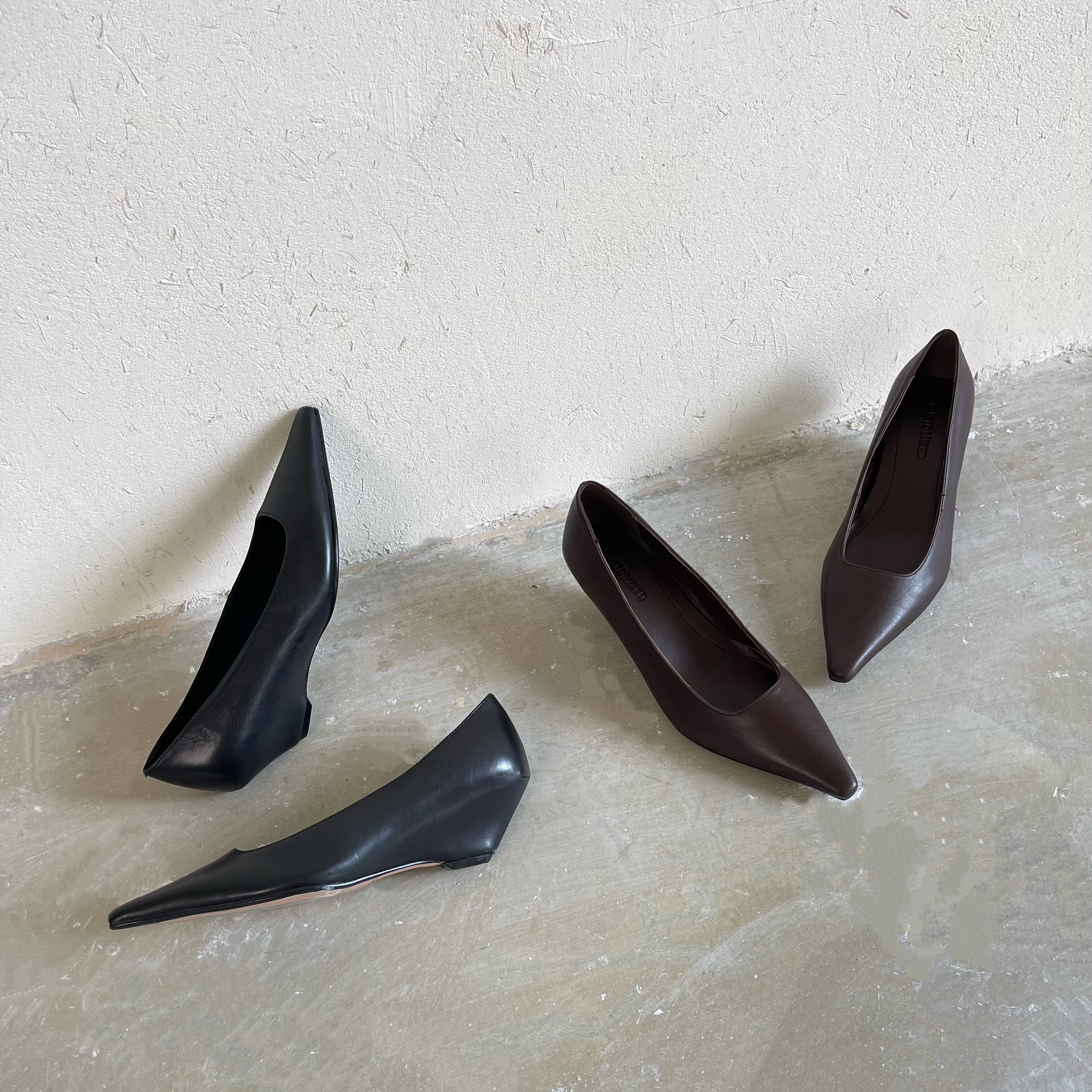 34-40码/跟高5cm/黑棕/法式尖头内增坡跟真皮通勤单鞋