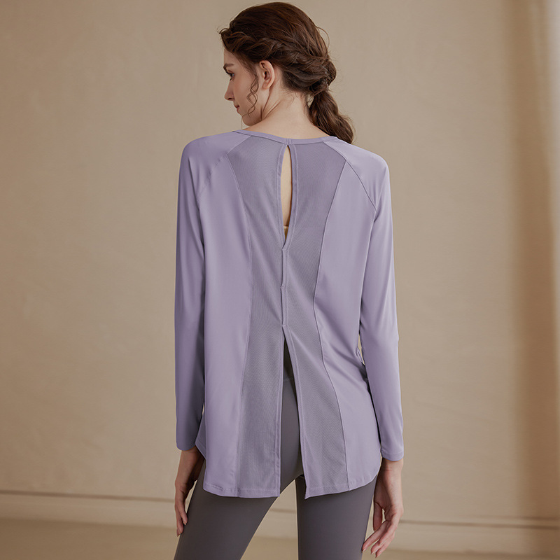 大码瑜伽T恤长袖宽松显瘦网纱