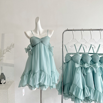 kubiliv恋夏薄荷法式少女蝴蝶结薄荷绿吊带短裙荷叶边连衣裙