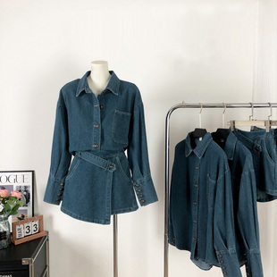 港味复古早春套装Polo领牛仔外套女不规则A字短裙子半身裙两件套