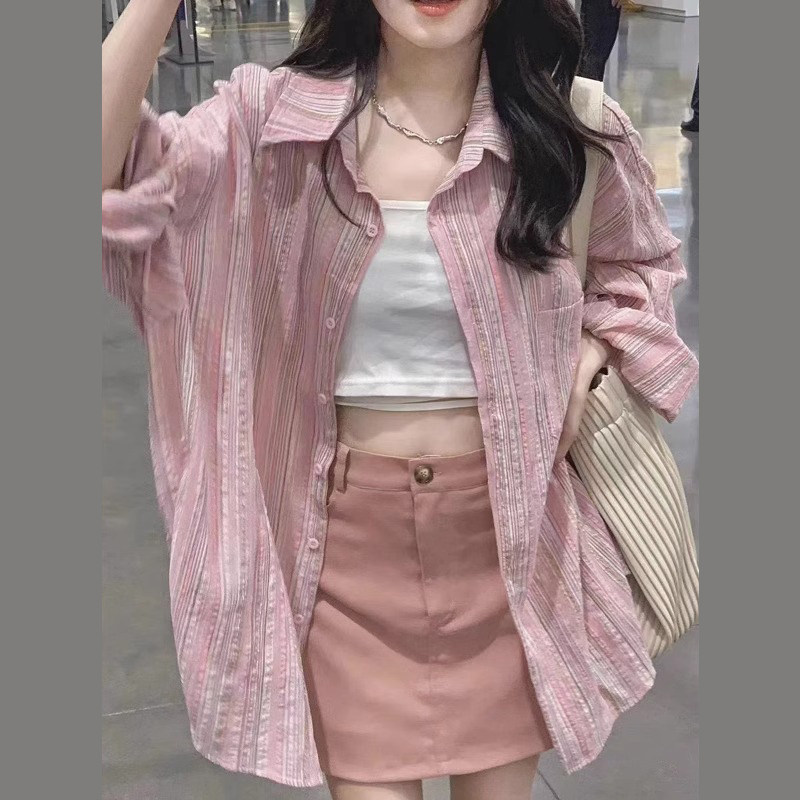 2025春夏装装大码女装韩国chic粉色条纹衬衫设计感慵懒风