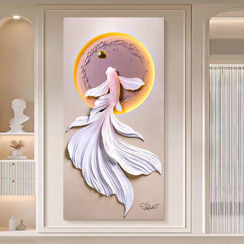 福雕锦鲤鱼3d玄关立体装饰画走廊过道浮雕画挂画客厅背景墙灯光图片
