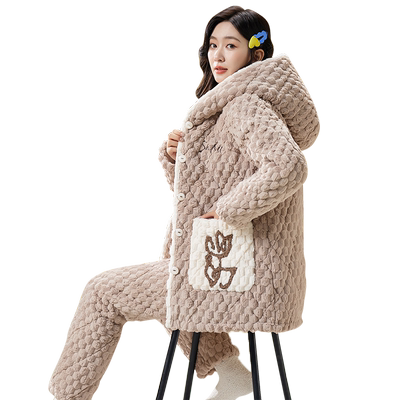 睡衣冬季女款珊瑚绒加厚夹棉套装