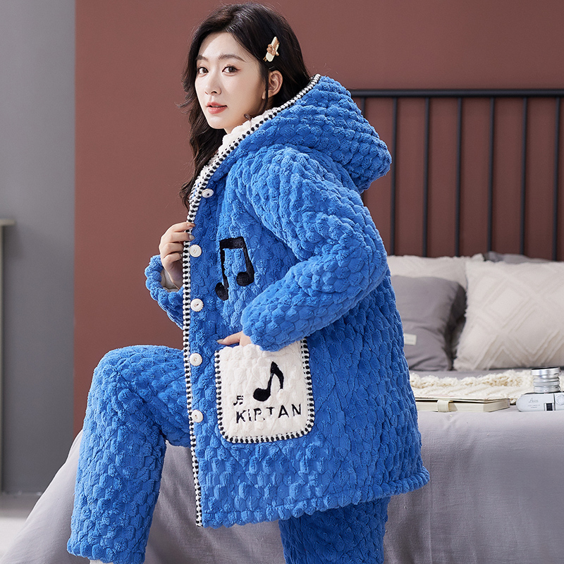 睡衣女款冬季珊瑚绒三层加厚加绒夹棉套装法兰绒中长款保暖家居服