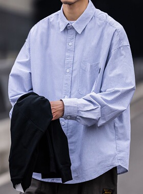 cityboy日系复古廓形条纹衬衫男女港风叠穿宽松长袖衬衣春季新款