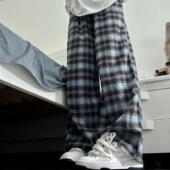 宽松垂感显瘦休闲百搭复古直筒阔腿拖地裤 蓝色格子裤 女秋冬新款 潮