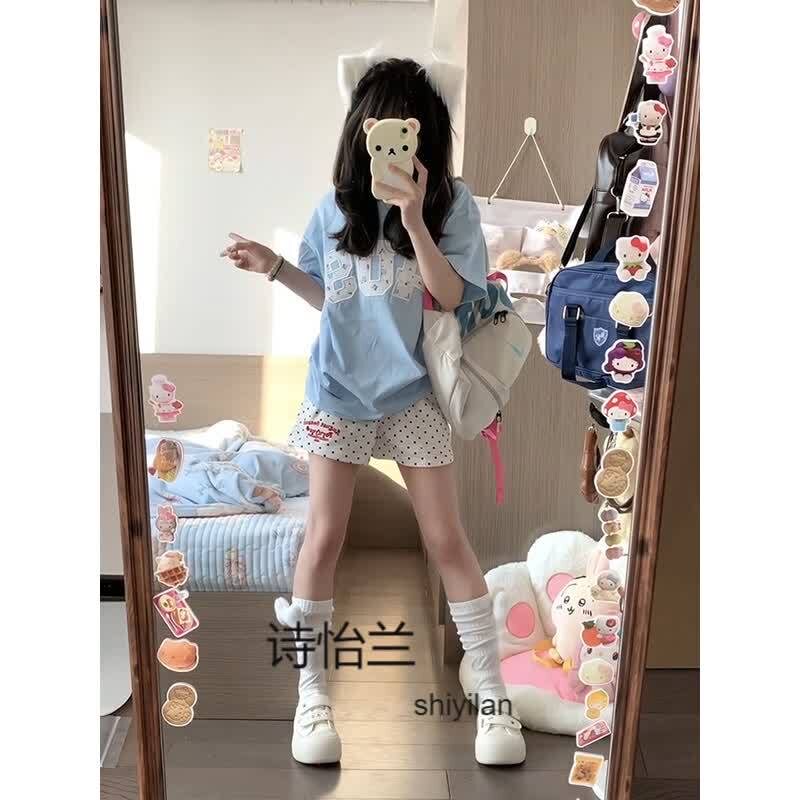 美式波点短裤女2026新款高腰显瘦百搭通勤宽松阔腿休闲运动三分裤