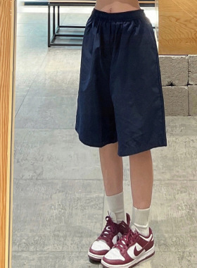 藏蓝色休闲工装短裤女高腰夏季薄款日系宽松休闲显瘦阔腿五分中裤