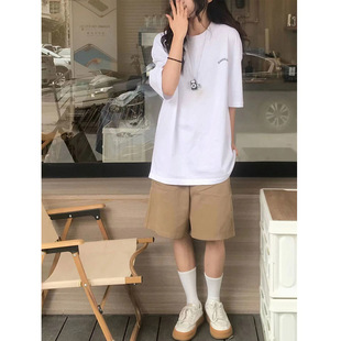 宽松阔腿直筒中裤 日系街头复古休闲五分裤 男 女纯棉夏季 卡其色短裤