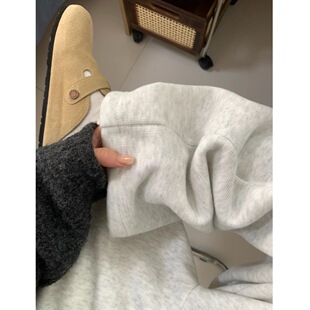 灰色阔腿卫裤女加绒春秋纯棉运动裤小个子高腰垂感直筒显瘦休闲裤
