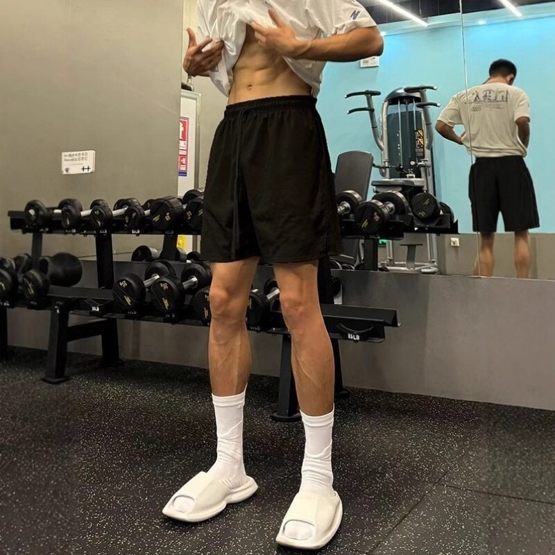 藏青色速干运动短裤男款夏季美式斜切健身裤子外穿休闲训练四分裤