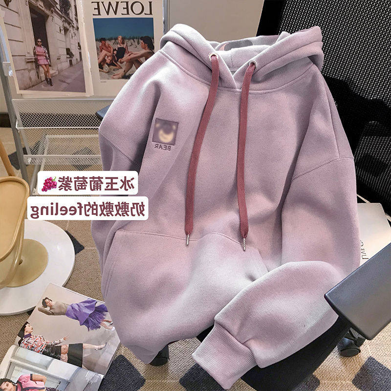 香芋紫刺绣加绒连帽卫衣女2025秋冬新款卡通可爱减龄长袖上衣外套