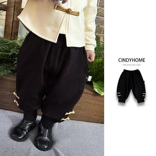 裤 中国风儿童双盘扣加绒长裤 拜年服童装 儿童冬季 子 冬装