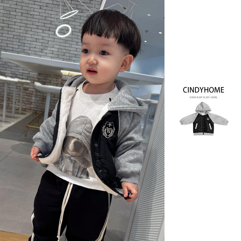 男宝宝韩版小童连帽帅气时尚加厚冬装加绒黑色棉服夹棉拼接外套
