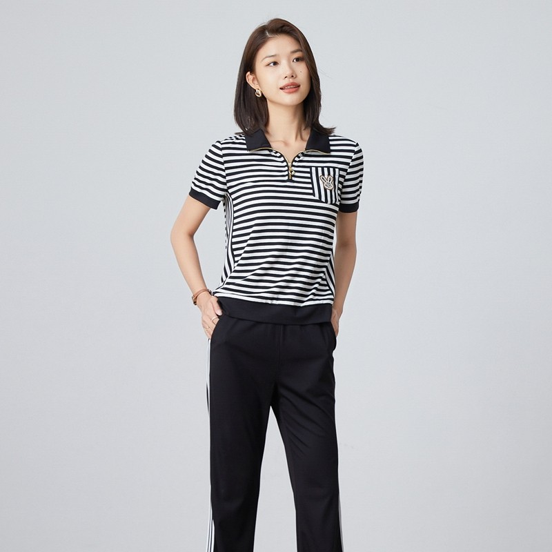 乔妮塔品牌女装2025夏季新款条纹短袖T恤长裤跑步运动两件套装