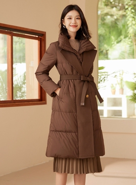 乔妮塔女装2025冬季新款系带90白鸭绒加厚过膝通勤长款羽绒服外套