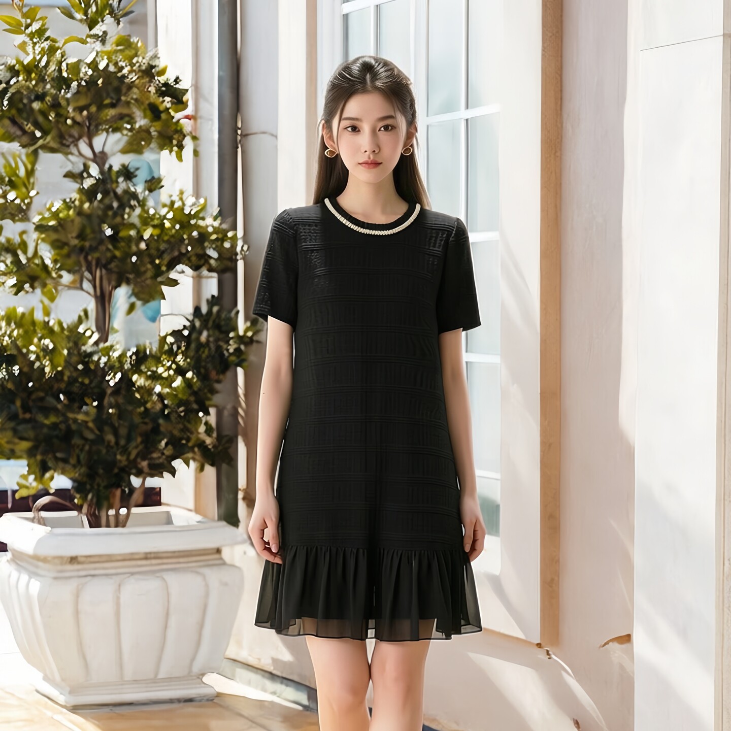 乔妮塔女装2026夏新款黑色圆领短袖休闲宽松遮肉显瘦小个子连衣裙