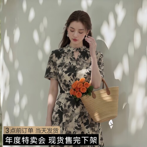 夏季新款系带短袖印花雪纺连衣裙