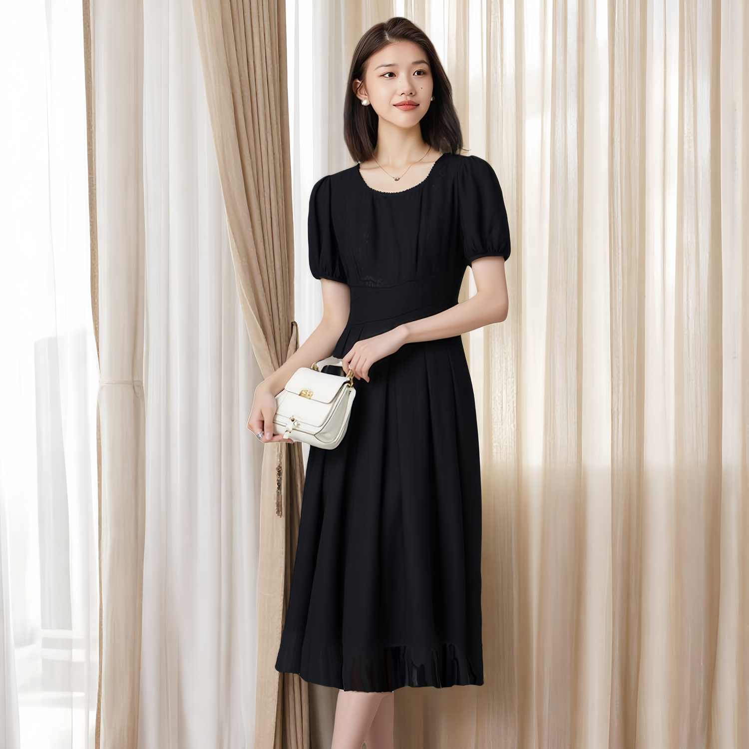 夏季提花圆领短袖修身天丝连衣裙