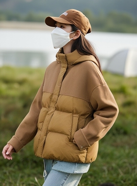 乔妮塔品牌女装2025冬新款90白鸭绒羊毛呢拼接连帽短款羽绒服外套