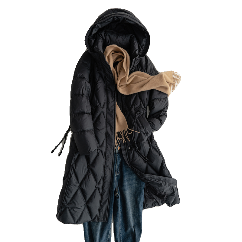 乔妮塔女装2025冬季新款轻型连帽加厚过膝90白鸭绒长款羽绒服外套