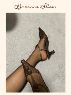 凉鞋 复古尖头中跟春夏女凉鞋 包头真皮vintage中古细跟小众古着款