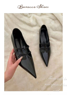 黑色小众中跟真皮女单鞋 复古尖头细跟单鞋 vintage古着款