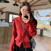 2025年冬季 圣诞红色毛衣外套女翻领喜庆新年红色拉链针织衫 短外套