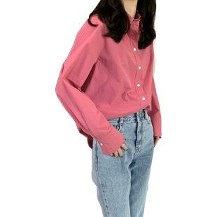 2025秋季树莓粉衬衫女韩版宽松休闲防晒衫polo领单排扣梅子色上衣