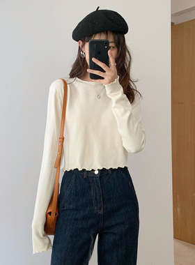 百思朵cec泫雅风高腰短款奶杏色针织衫上衣薄款毛衣冷色系打底衫