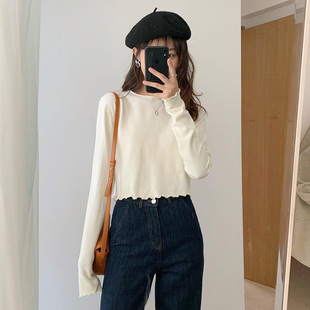 毛衣冷色系打底衫 上衣薄款 奶杏色针织衫 百思朵cec泫雅风高腰短款