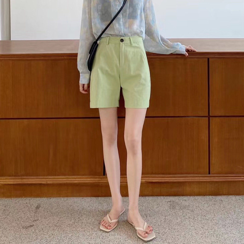 牛油果绿色小短裤嫩绿色小清新高腰纯棉宽松显瘦女糖果色休闲裤子 - 实物图