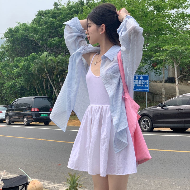 2026夏季防晒衣浅蓝色格子衬衫外套女正肩中长款轻薄款罩衫空调衫