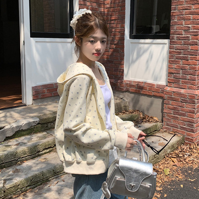 多巴胺黄色碎花拉链连帽卫衣外套