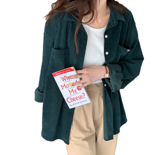 2025秋冬复古墨绿色灯芯绒衬衫外套中长款慵懒显瘦小众设计感外搭