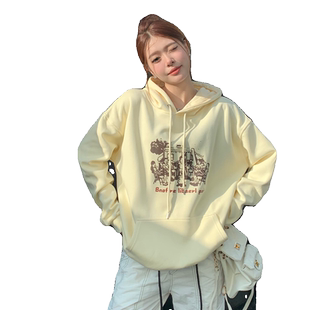 秋加绒多巴胺穿搭奶油黄色卫衣外套连帽套头美式复古淡黄色上衣