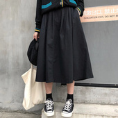 百思朵春秋日系复古小黑裙工装 山本风赫本纯棉半身裙高腰大摆长裙