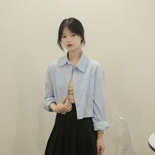 百思朵baby蓝衬衫奶油蓝色衬衣女小个子短款小众设计感长袖 上衣