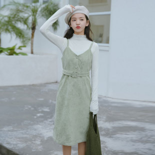 抹茶绿奶甜收腰连衣裙女背带裙小个子气质小众高级感别致打底裙