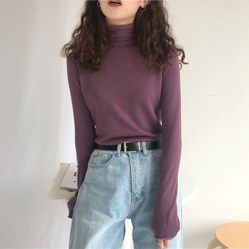 堆堆领套头针织衫打底衫紫色显瘦