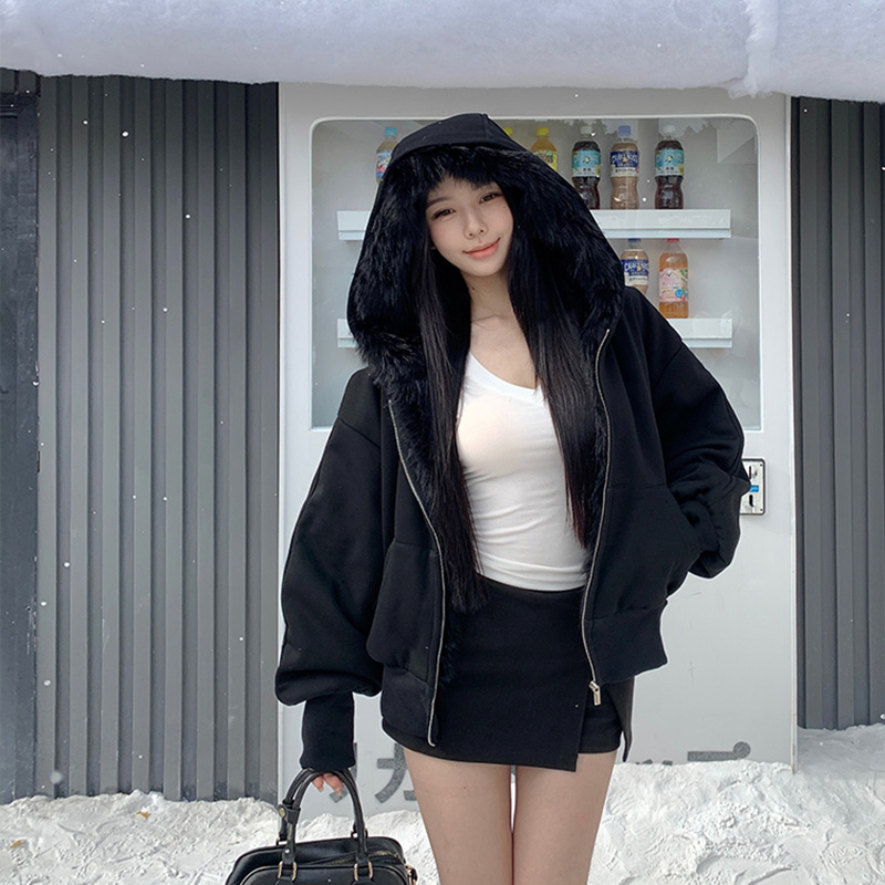 黑色加绒加厚棉服外套女保暖连帽