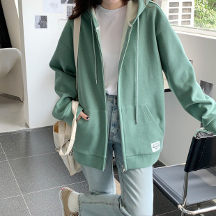 春秋多巴胺穿搭湖绿色卫衣外套女连帽拉链开衫 加绒慵懒风显瘦外搭