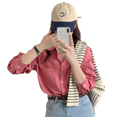 长袖纯棉慵懒树莓粉色衬衫外套