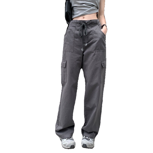 秋季坠感工装裤防晒裤炭灰色休闲裤女长裤抽绳纯棉直筒阔腿松紧腰