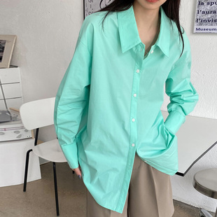 百思朵薄荷绿衬衫女ins风湖水绿上衣衬衣设计感长袖宽松防晒外套