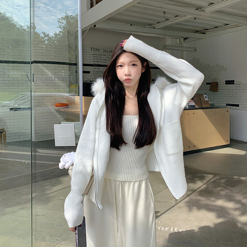 冬季加绒加厚毛衣外套女毛茸茸毛领连帽拉链开衫针织衫高级感口袋