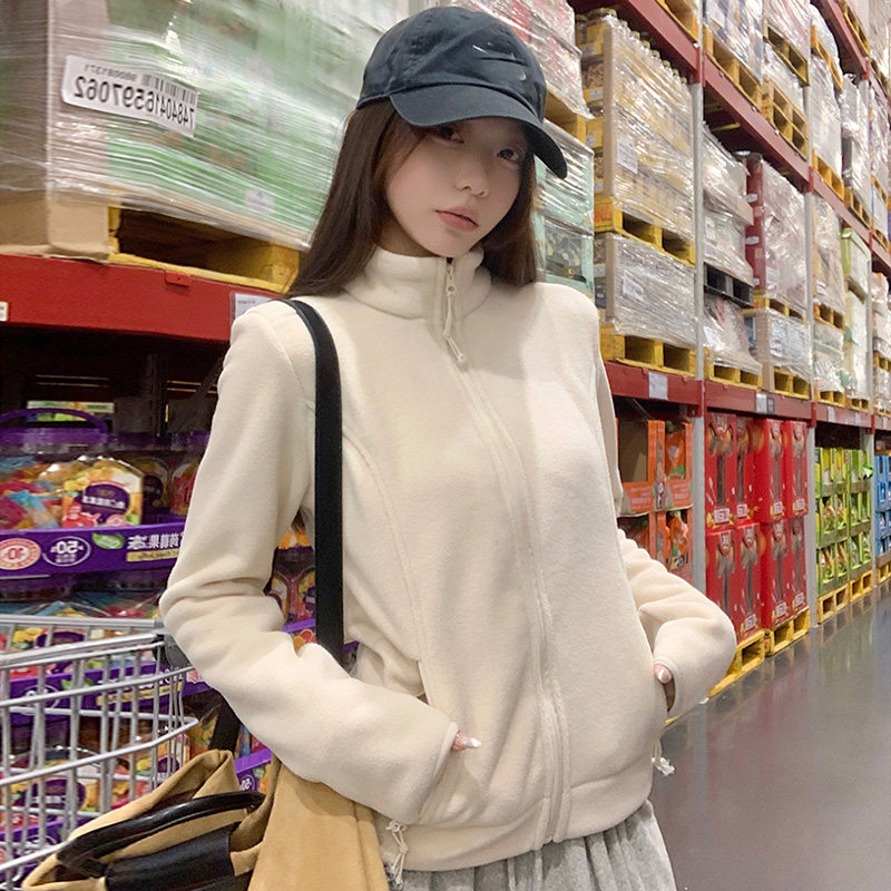 2026冬季奶fufu奶杏色卫衣外套女立领摇粒绒正肩修身大衣内搭上衣