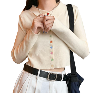 奶杏色针织衫彩色纽扣修身高腰泫雅上衣短款薄款吊带外搭开衫外套